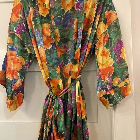 VICTORIA'S SECRET 90 Gold Label Vintage Floral Satin Peignoir Robe Sz M - Picture 2 of 5